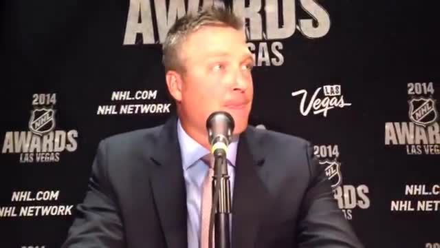 Patrick Roy speaks following his win for the Jack Adams award